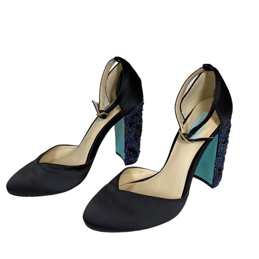 Blue by Betsey Johnson Embellished Black Silk Strap Block Heel Sybil Women's 6